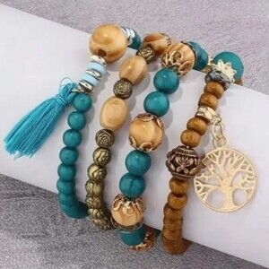 New Bohemian Beaded Layered 4 Strand Tree of Life Tassel Stretchy Bracelet Set